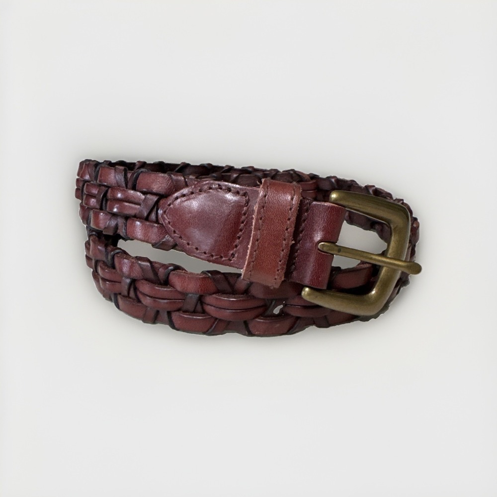 Vintage EXPRESS Sz M Brown Braided Woven Italian Leather‎ Belt Brass Buckle